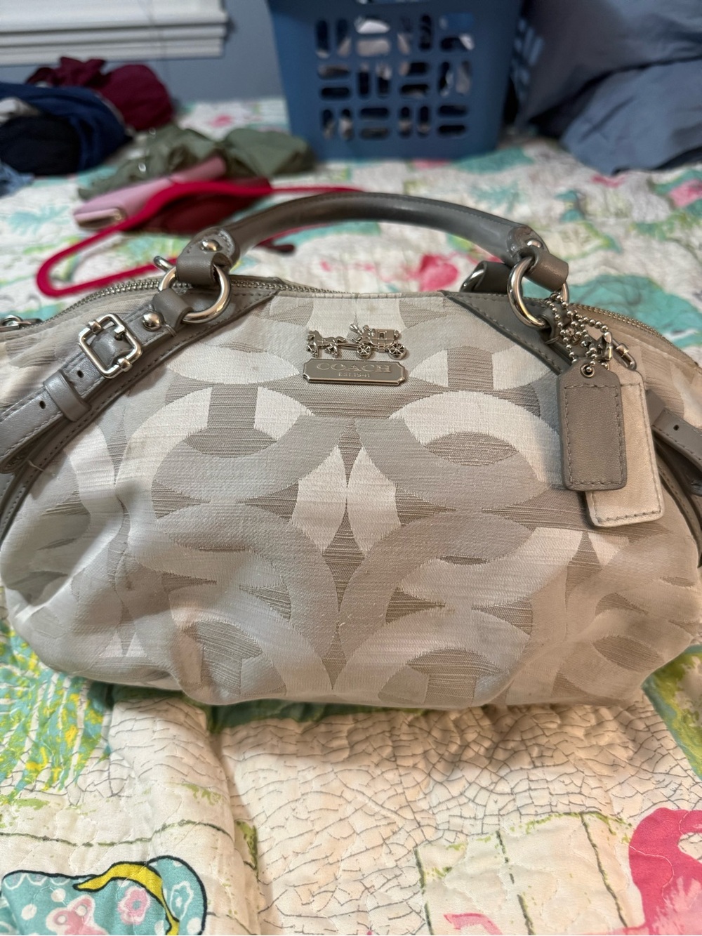 Coach Neutral Signature Jacquard Hobo with Taupe Trim